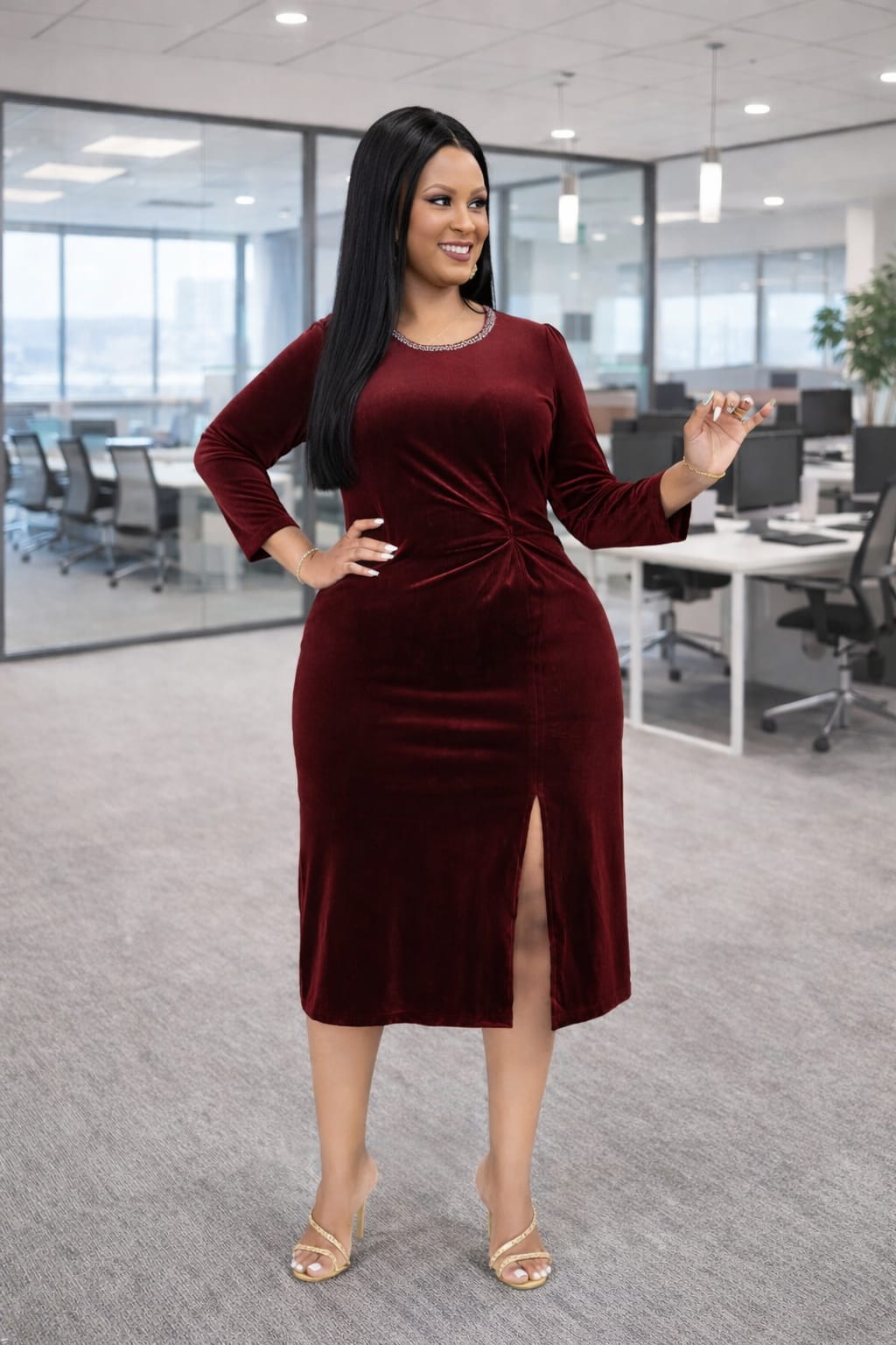 Velvet round-neck pearl dress